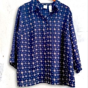 Emma James by Liz Claiborne Navy Pattern Buttondwn Collar Quarter Sleeve blouse